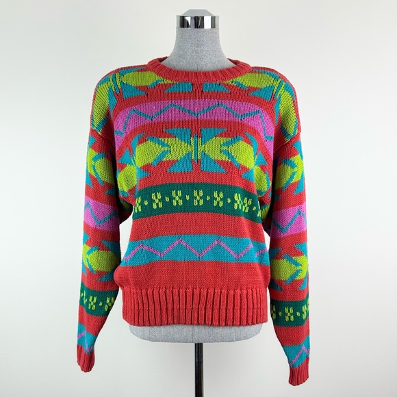 Vintage Lizwear Bright Colorful Multi Geometric Knit Sweater Size Large - Picture 2 of 10